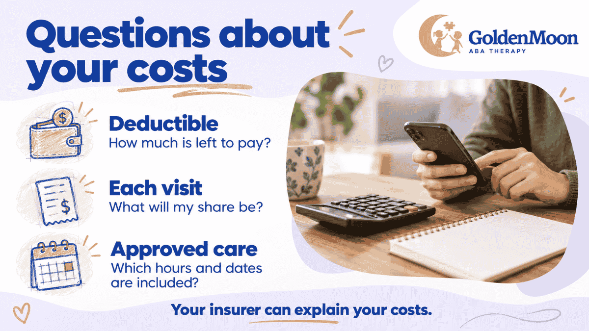 Questions about deductibles, visit costs, and approved care beside a phone and calculator