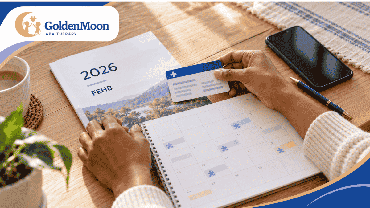 Hands reviewing FEHB ABA therapy coverage with an insurance card and appointment calendar